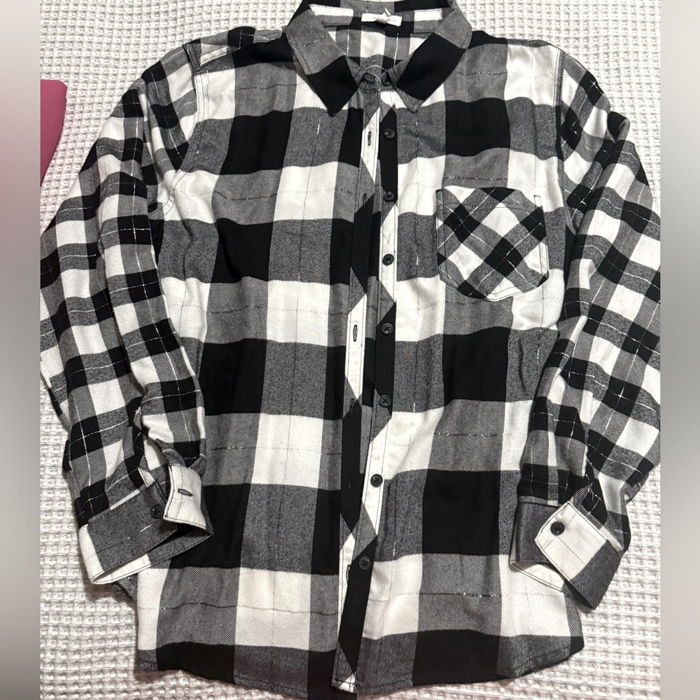 Black and White Women’s Plaid shirt with silver.